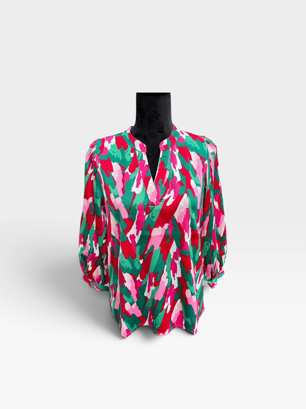 Printed Pink & Green Split-Neck Blouse